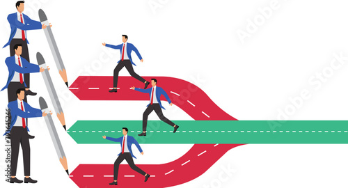 Successful strategic business cooperation, three businessmen running on three roads drawn by three hands and merged on one road, corporate culture or business concept