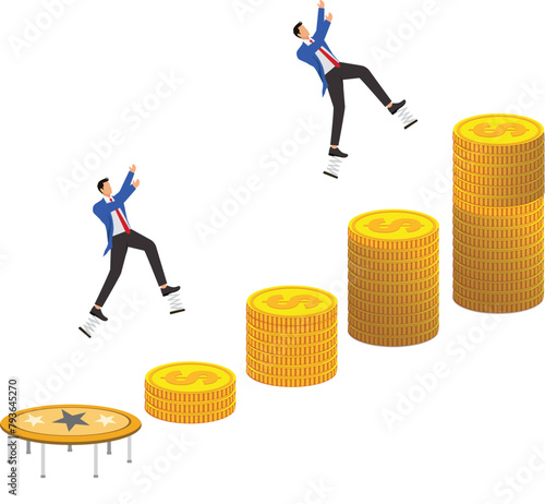 Make more money, businessman keeps jumping and running to higher stack of gold coins for higher profit and income