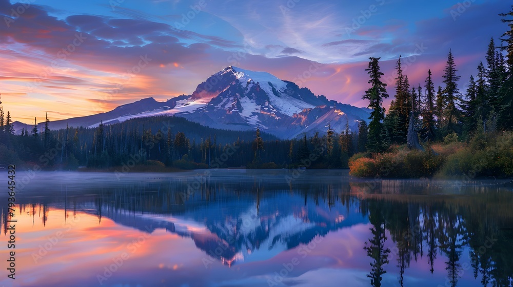 alpenglow on mountain summit at sunset with reflection in lake alpenglow on mountain summit at sunset with reflection in lake