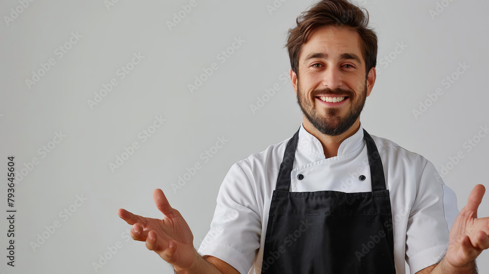 Chef in apron, welcoming with open hands, bright white setting. Chef in apron, welcoming with open hands, bright white setting.
