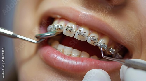 Detailed view of braces treatment on a teenager, dental tools in use, simple background, educational focus, photo