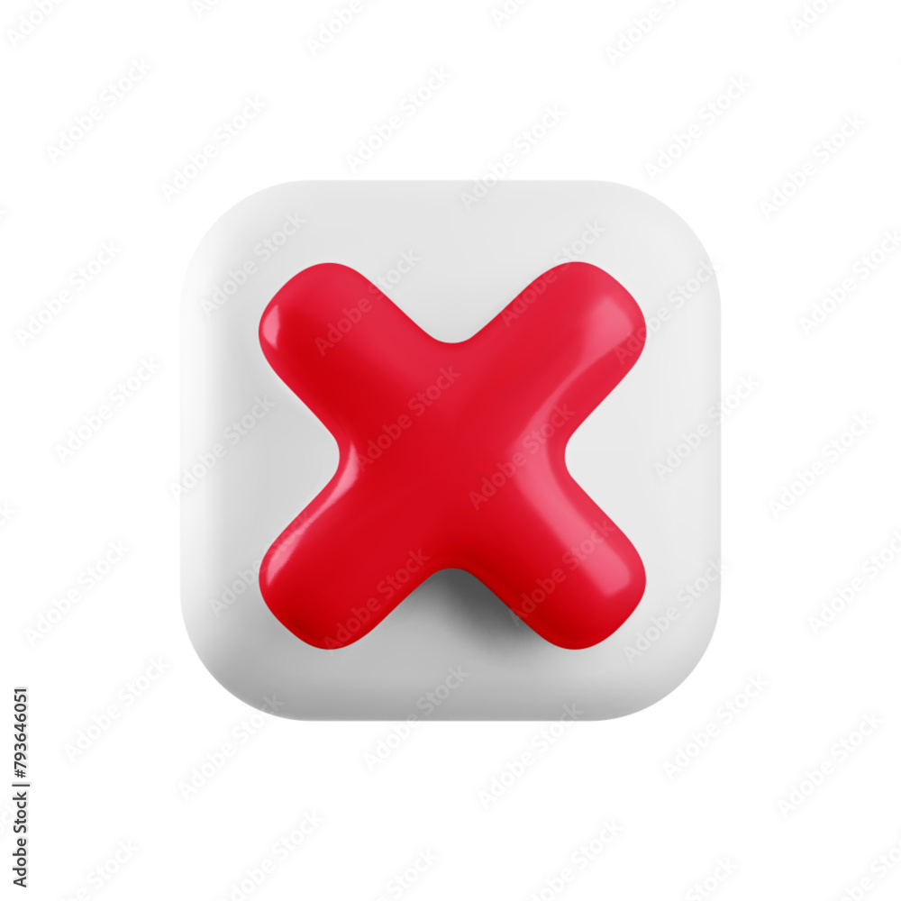 Obraz premium Vector 3d red cross x realistic icon. Trendy plastic wrong red check mark, delete sign on white background. No vote square button. 3d render not approved symbol, error, failed sign for web, app