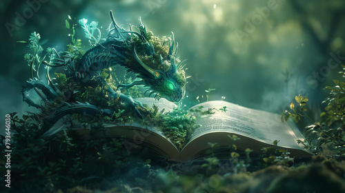 Fantasy book life, creatures stepping out into reality, clean space, photo