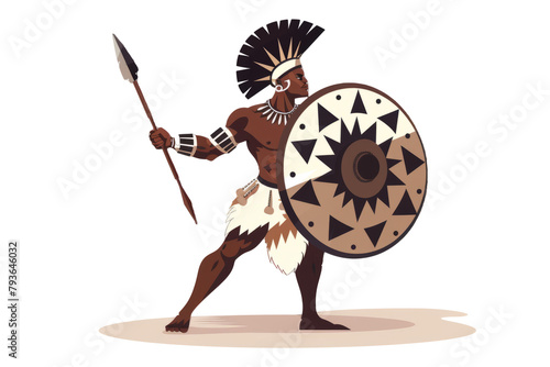 Zulu Impi: A powerful Zulu warrior, armed with an assegai and wearing a cowhide shield, on a minimalist background. photo