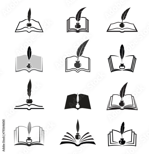 Creative Books Feathers And Ink Bottles Collection Logo Symbol Icons Design Illustration