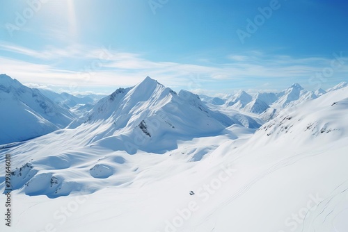 A skier glides down a snow-covered mountainside on a sunny day. photo
