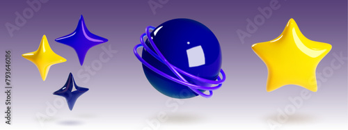 Space planet and star 3d cartoon vector illustration set. Abstract cosmic bodies for universe and galaxy concept. Cute glossy plastic astrology elements. Blue and yellow alien planet and twinkles.