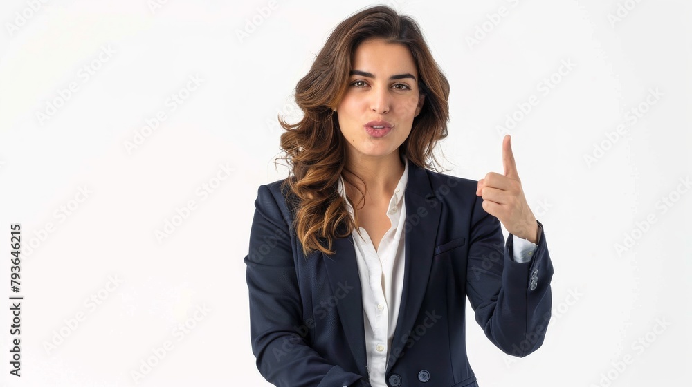 An experienced female executive in a navy suit, pointing at a digital display with a confident expression, on a stark white background, styled as an interactive business demonstration. An experienced female executive in a navy suit, pointing at a digital display with a confident expression, on a stark white background, styled as an interactive business demonstration.