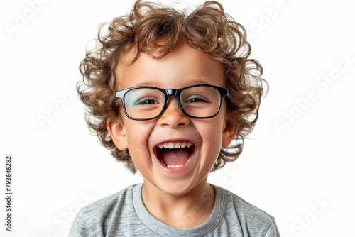 Happy child wearing glasses, closeup portrait against a white background.