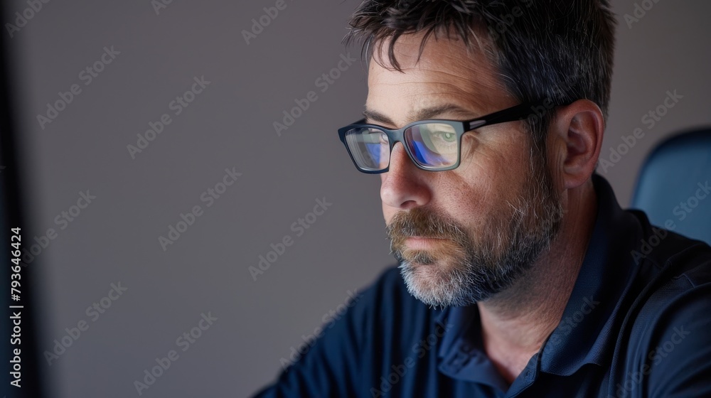 An IT specialist in a polo and glasses, working on a computer, feeling focused and technical, against a smooth grey background, styled as a tech professional. An IT specialist in a polo and glasses, working on a computer, feeling focused and technical, against a smooth grey background, styled as a tech professional.