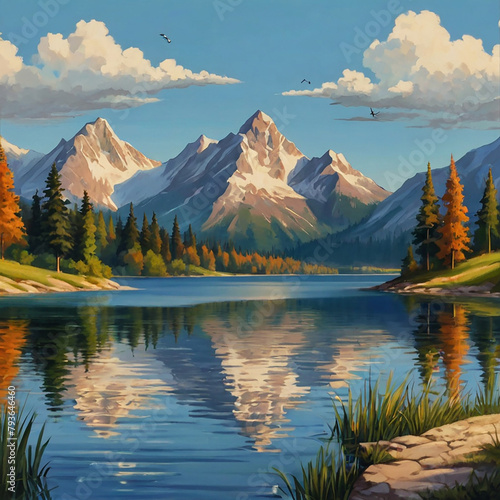 Fairy-tale painted landscape with picturesque mountains and a lake, lake in mountains,  lake and mountains, lake between the mountains, lake and mountains images © MuhammadIqbal