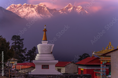 Lhotse wall during sunset with Tengboche monastery in the foreground