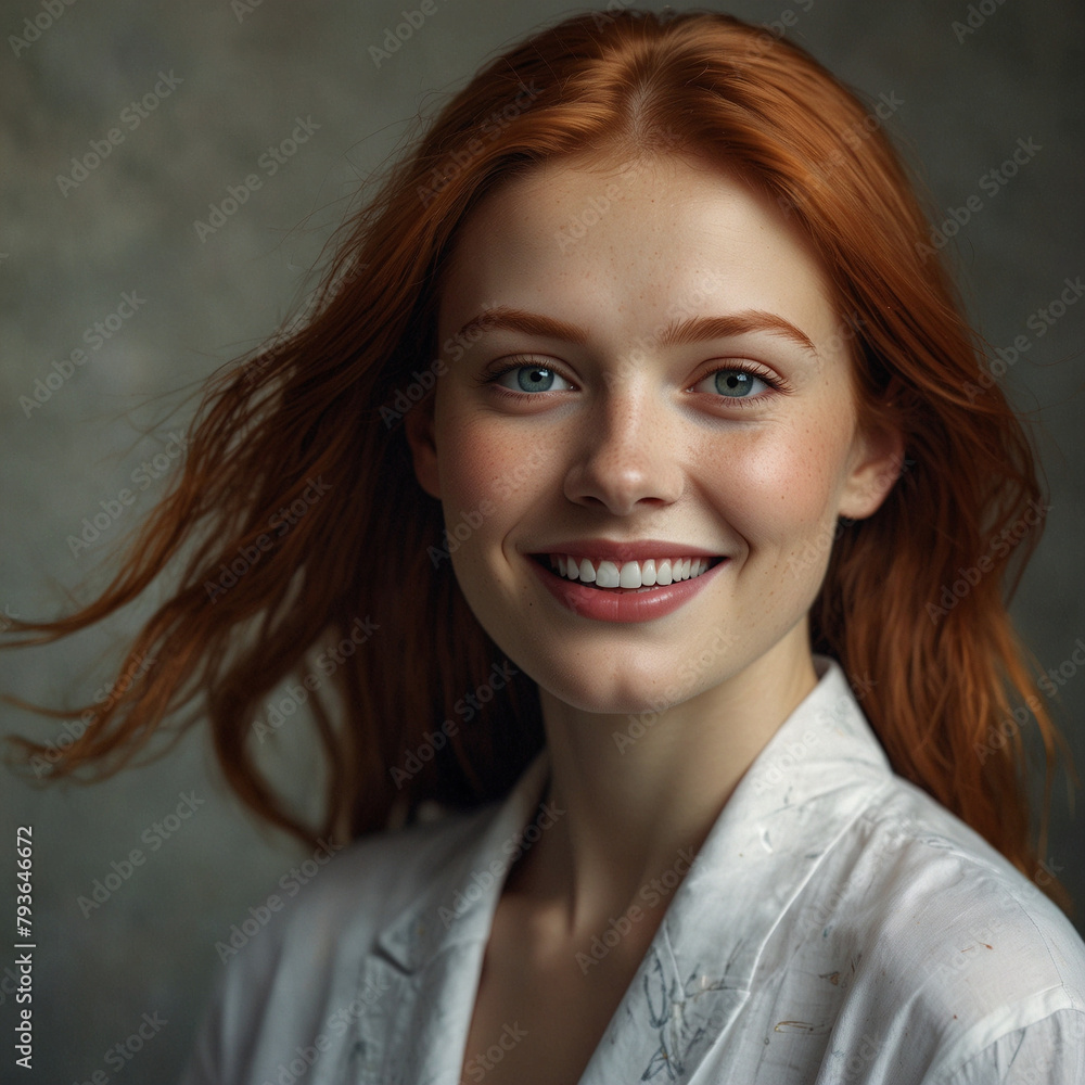 Joyful woman posing indoors with a casual outfit and red hair Joyful woman posing indoors with a casual outfit and red hair