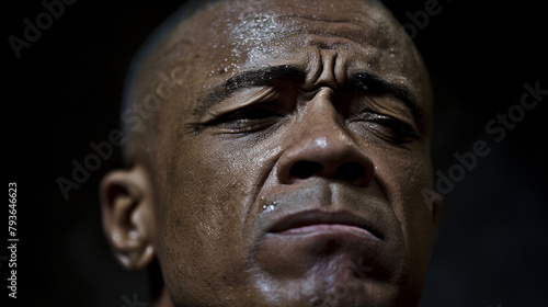 A man with a bald head and a sad expression. He is sweating and looking down. Scene is somber and melancholic