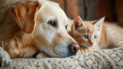 Dog and cat cuddle together in heartwarming friendship. Ai Generated.