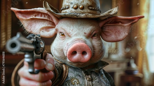 pig in a stylish hat brandishes a firearm confidently, Ai Generated