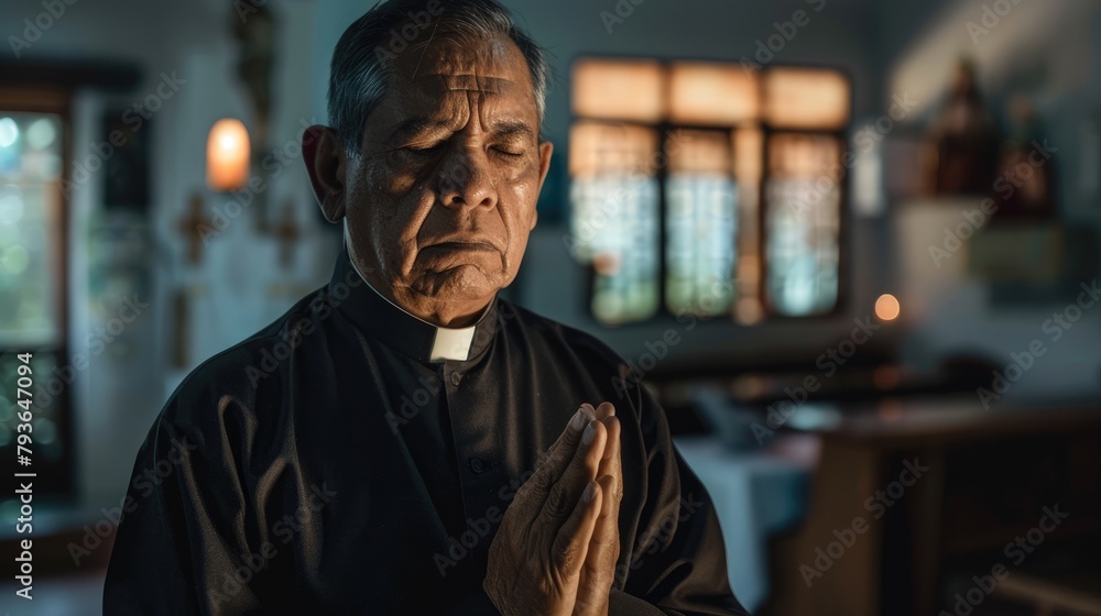 Hispanic Catholic priest with a hopeful and emotional expression praying for forgiveness and peace in isolation
