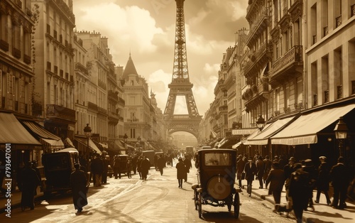 1920s Parisian Street Bustle with Distant Eiffel Tower in Sepia - Historical French Streets, Retro Urban Photography, Cultural Exploration - Art History, Tourism