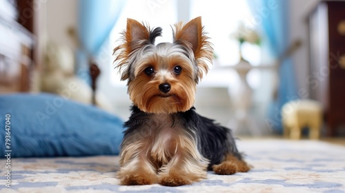 Adorable Yorkshire Terrier resting on a white carpet in the living room, Ai Generated. © Crazy Juke