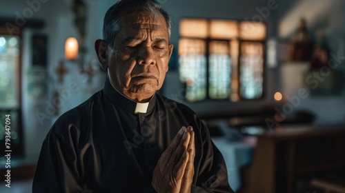Hispanic Catholic priest with a hopeful and emotional expression praying for forgiveness and peace in isolation © 2rogan