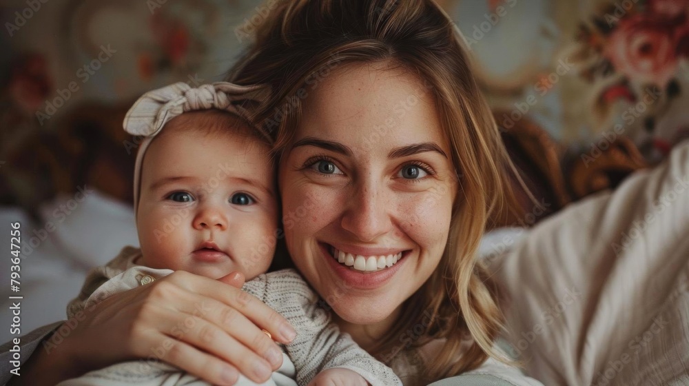 Smiling woman with newborn, intimate and clean setting Smiling woman with newborn, intimate and clean setting