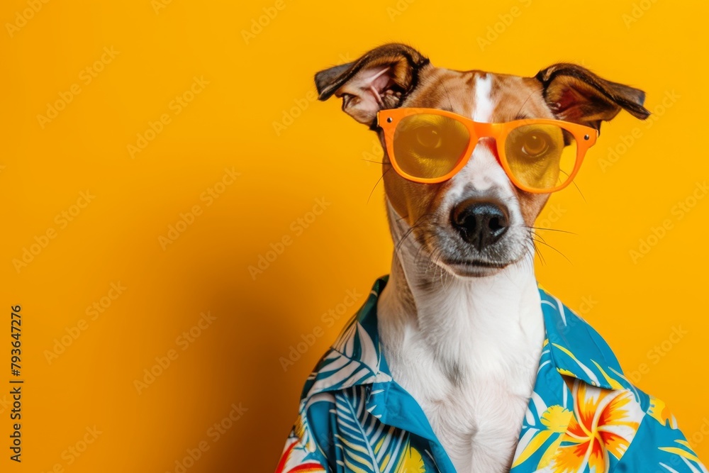 Trendy dog in orange sunglasses and vibrant hawaiian shirt showcases fashionable style