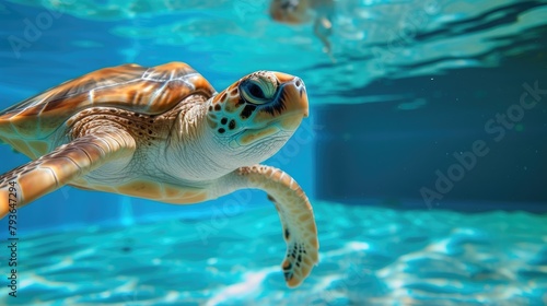Hilarious underwater scene turtle in pool plays deep dive action  Ai Generated.