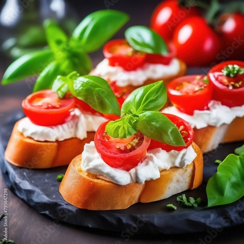 bruschetta with cream cheese, tomatoes and basil.