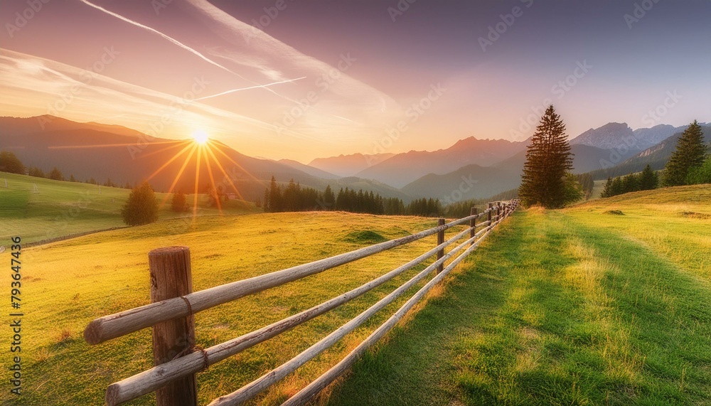 Morning Glow Sunrise Over the Fenced Ranch
