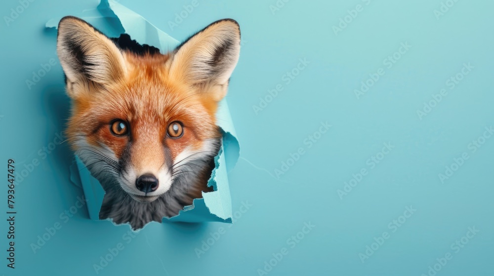 A humorous fox peers through a ripped hole in a contrast pastel color paper background, Ai Generated A humorous fox peers through a ripped hole in a contrast pastel color paper background, Ai Generated