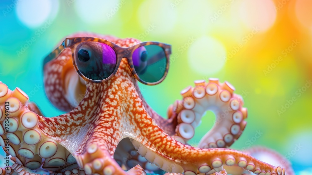 Obraz premium A funny octopus wearing sunglasses strikes a pose in a studio with a colorful and bright background, Ai Generated