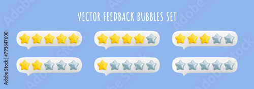 Vector 3d feedback bubbles set. Star rating system from worst to best level. Customer review gold and silver stars from 0 to 5. One, two, three, four and five stars in message bubble icons set.