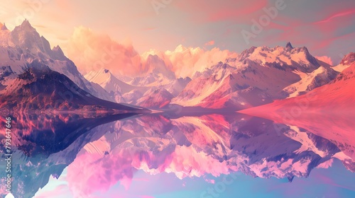 3d render, fantasy landscape panorama with mountains reflecting in the water. Abstract background. Spiritual zen wallpaper with skyline 