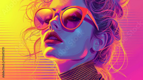 Vibrant 80s pop illustration, fashion model, sunglasses, retro flair, photo