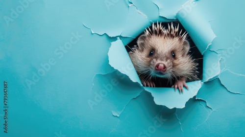 A humorous porcupine peers through a ripped hole in a contrast pastel color paper background, Ai Generated photo