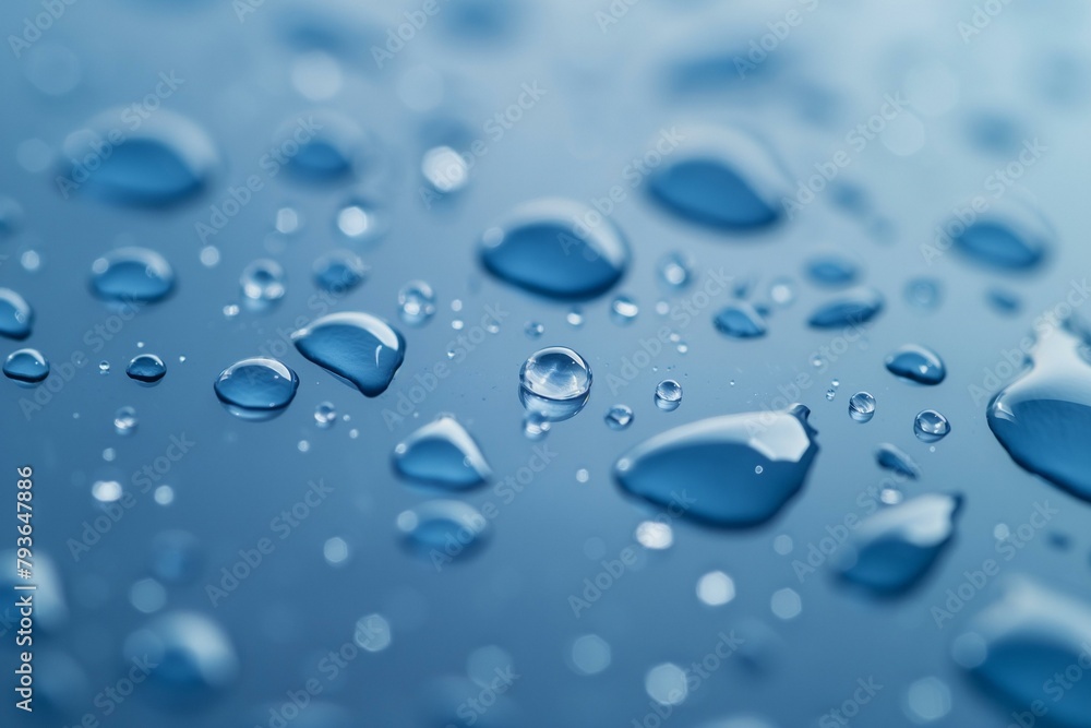 Close-Up View of Water Droplets on Smooth Surface in Blue Tones