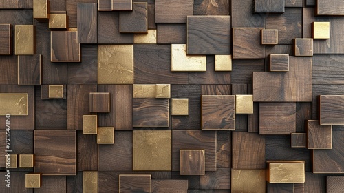 Fototapeta Naklejka Na Ścianę i Meble -  Elevate your space with a 3D wallpaper mimicking a luxurious wood and gold mosaic decor. Ai Generated.