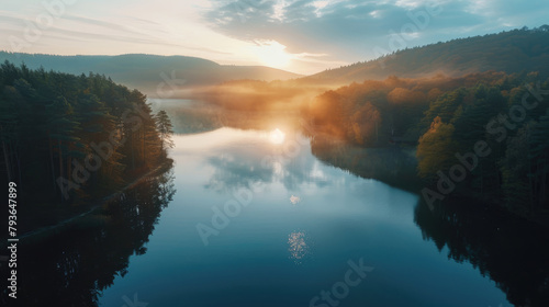 Aerial view of sunrise over a calm lake surrounded by forest  peaceful morning light on the water