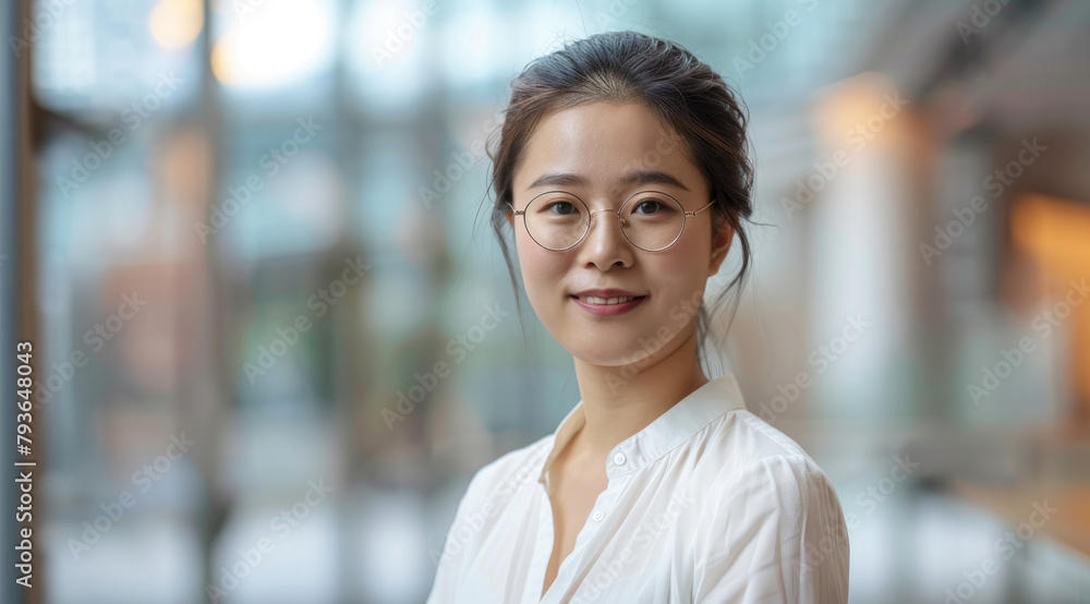 A beautiful Chinese woman wearing glasses and a white shirt, with a professional attire in an office background