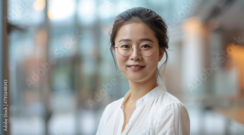 A beautiful Chinese woman wearing glasses and a white shirt, with a professional attire in an office background