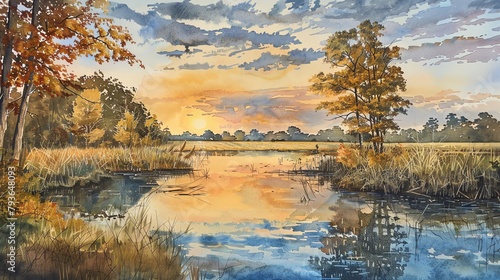 Infuse a sense of security in a detailed watercolor piece featuring a panoramic view from dusk till dawn Highlight personnel safety measures subtly integrated into the serene landscape photo