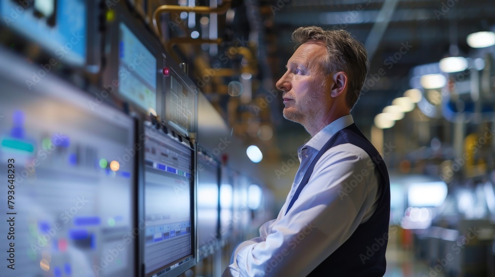 An operations manager in formal attire, overseeing a production facility through digital screens, looking commanding and proficient, against a clear background, styled as an industrial corporate An operations manager in formal attire, overseeing a production facility through digital screens, looking commanding and proficient, against a clear background, styled as an industrial corporate