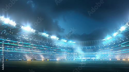 A stadium filled with people and lights. The stadium is lit up and the sky is cloudy. Scene is energetic and exciting