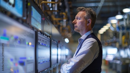 An operations manager in formal attire, overseeing a production facility through digital screens, looking commanding and proficient, against a clear background, styled as an industrial corporate
