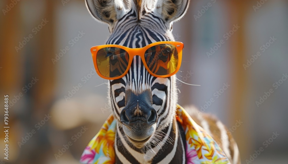 Fototapeta premium Fashionable zebra in trendy outfit with orange sunglasses and colorful hawaiian shirt
