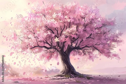 Charming cherry blossom tree with delicate pink flowers and soft petals, perfect for springtime designs © Cloudyew
