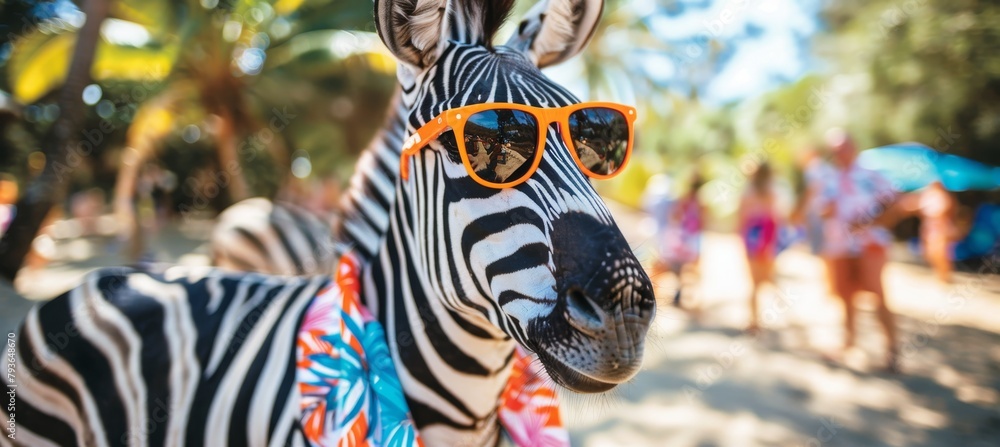 Obraz premium Zebra in trendy attire orange sunglasses and colorful hawaiian shirt, showcasing unique style