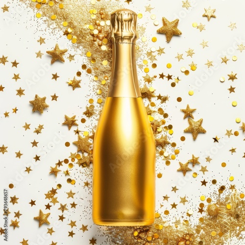 Champagne bottle with glittering confetti stars. A celebratory cava bottle surrounded by ribbons, and baubles on a color background, depicting festivity and luxury. Great design for postcard, banners © MiniMaxi