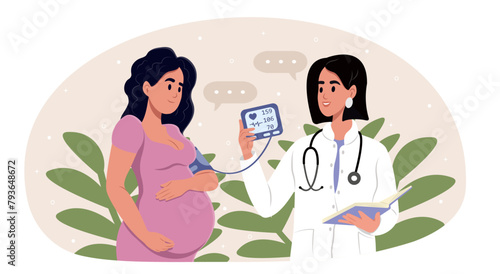 Preeclampsia awareness month. Doctor measuring blood pressure of her pregnant patient. Vector illustration.