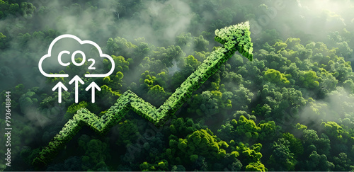 A compelling visual representation blending a forest landscape with rising CO2 symbols and an upward trend line, indicating the growth of carbon emissions